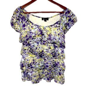 AB Studio Purple Green Floral Short Sleeve Lace Ruffle Top Size‎ Women's Large